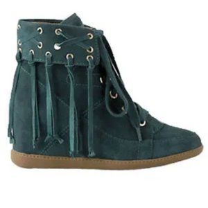 Anthropologie Madison Harding Moccasin Suede Fringe Wedge HIgh Top Sneakers